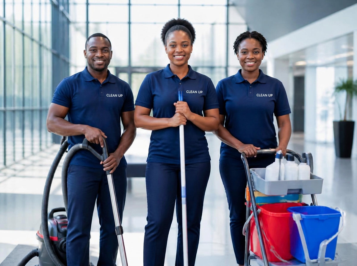 Équipe professionnelle de nettoyage Clean Up en tenue dans un hall de bureaux à Dakar